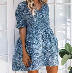 ECOWISH Women's Waffle Knit Casual T-Shirt Dress Blue Xlarge